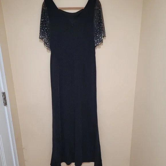 Alex Evenings Black Metallic Ruched Gown Dress with Embellished Sleeves Size 12